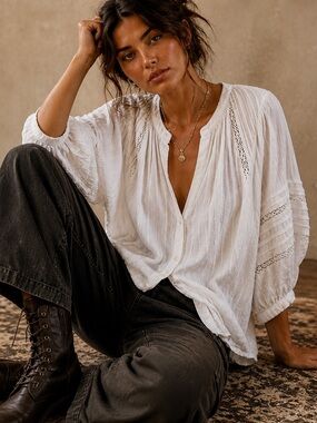 Z Supply White Oversized Boho Blouse Lace Gauze Top Free People Vibe